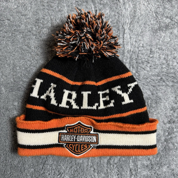 Harley-Davidson Other - Harley Davidson Motorcycles Logo Winter Beanie Pom Hat Cap Biker Orange Black